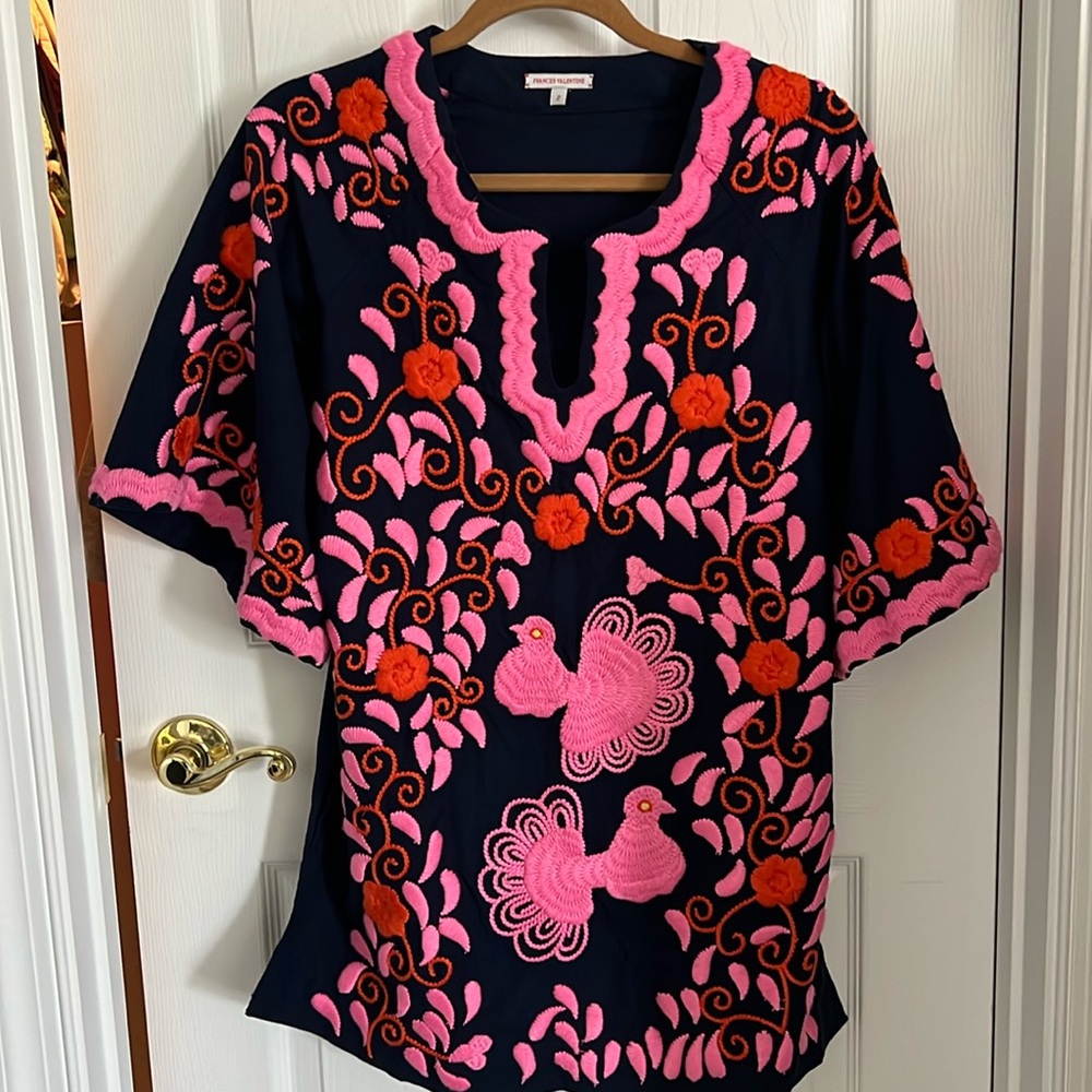Frances Valentine Navy Pink Peacock Embroidered Tunic Size 2